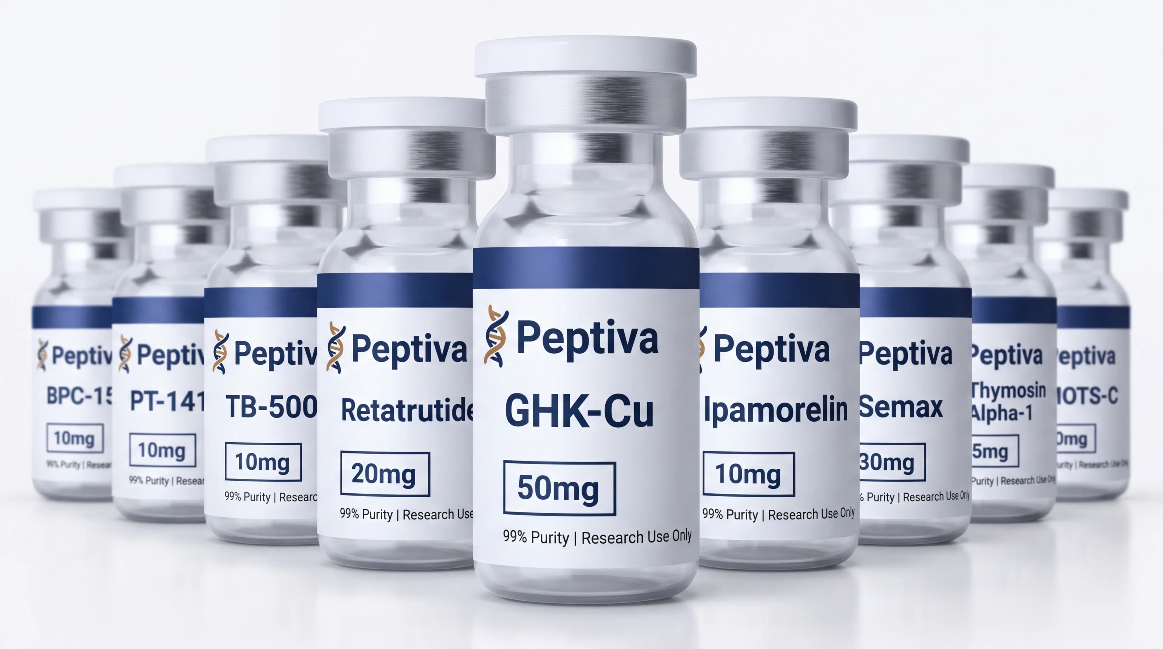 Peptiva research-grade peptide vials lineup